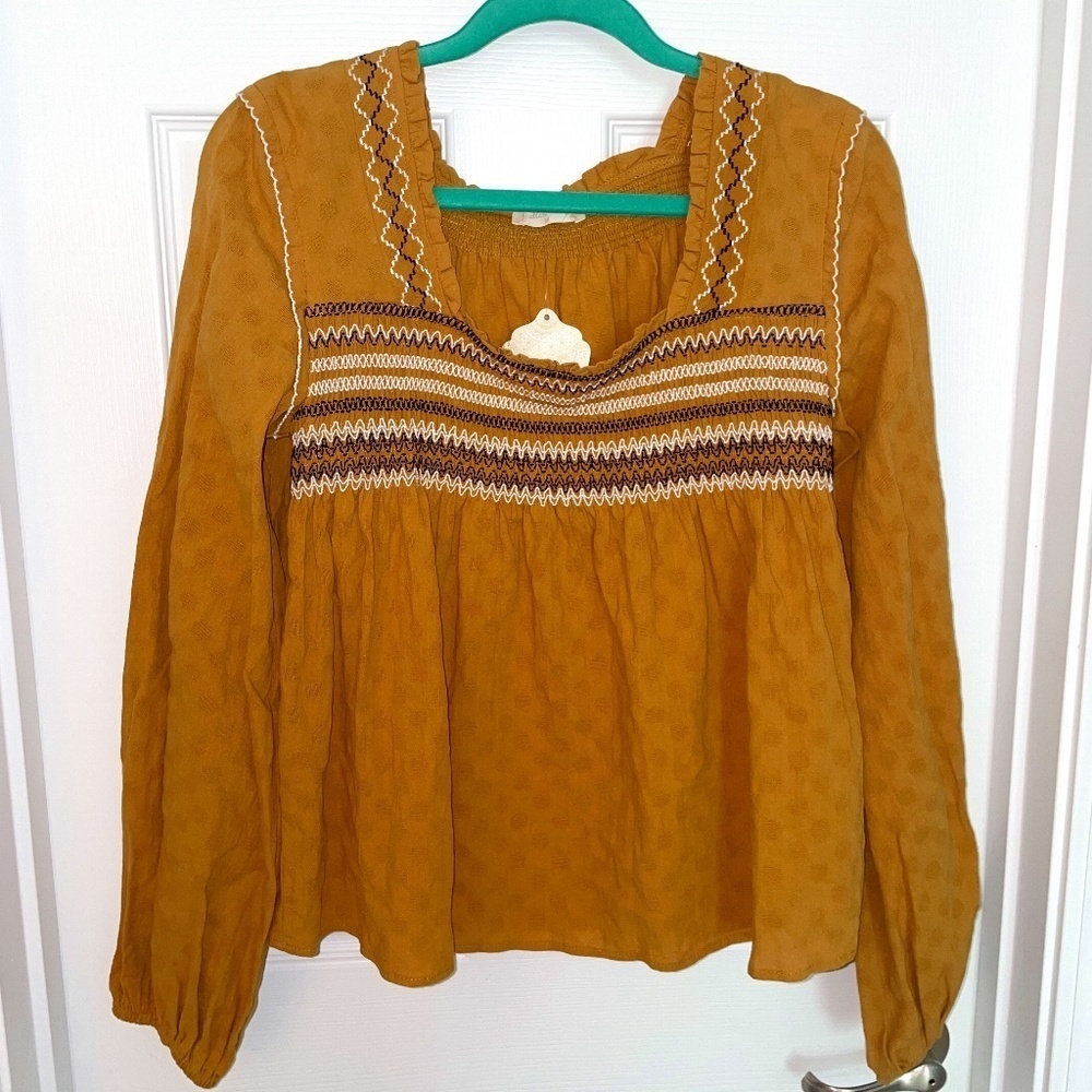 NWT Altar'd State Smocked Babydoll Knit Top Mustard Yellow Size Medium